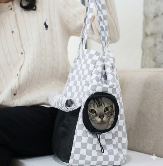 Pet Carrier Tote Bag, Checkered Pattern with Mesh Window, Shoulder Strap Travel Backpack for Small Cats and Dogs