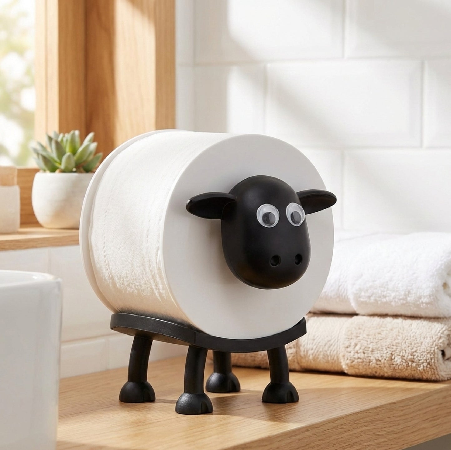 Cute Sheep Toilet Paper Holder Stand - Funny Animal Bathroom Decor - Novelty Free-Standing Loo Roll Organizer - Whimsical Farmhouse Gift for Kids, Guest Bath & Housewarming (Black, 1pc)