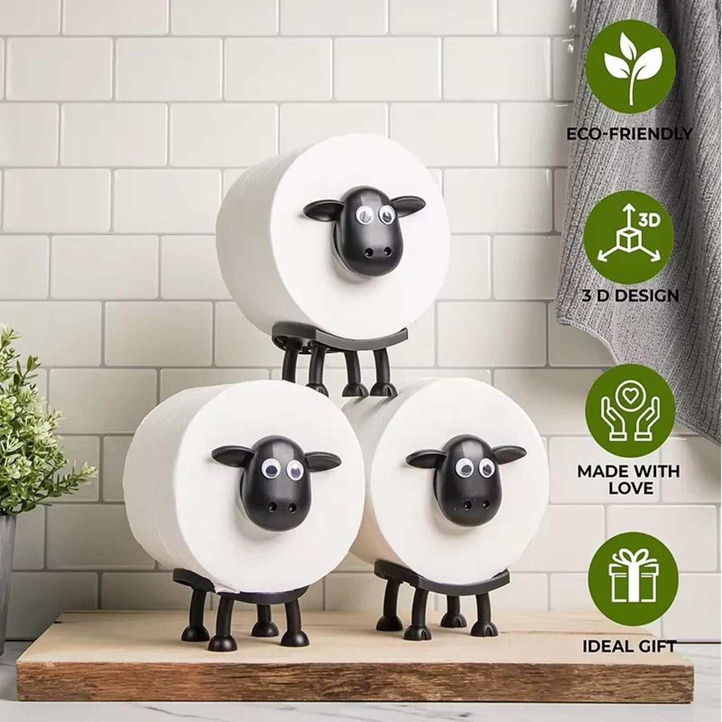 Cute Sheep Toilet Paper Holder Stand - Funny Animal Bathroom Decor - Novelty Free-Standing Loo Roll Organizer - Whimsical Farmhouse Gift for Kids, Guest Bath & Housewarming (Black, 3 pack)