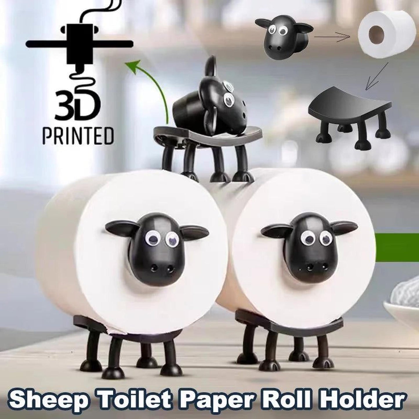 Cute Sheep Toilet Paper Holder Stand - Funny Animal Bathroom Decor - Novelty Free-Standing Loo Roll Organizer - Whimsical Farmhouse Gift for Kids, Guest Bath & Housewarming (Black, 3 pack)