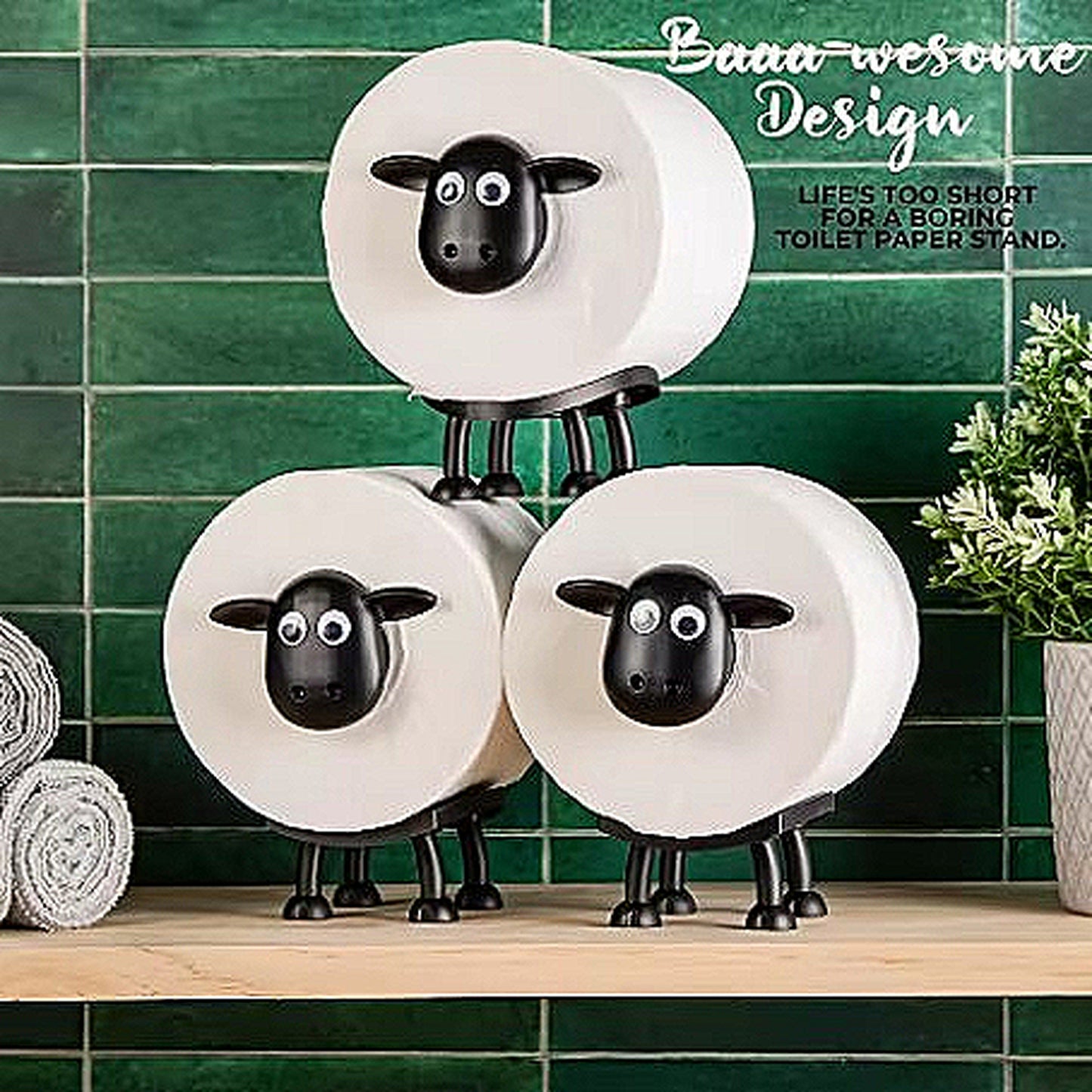 Cute Sheep Toilet Paper Holder Stand - Funny Animal Bathroom Decor - Novelty Free-Standing Loo Roll Organizer - Whimsical Farmhouse Gift for Kids, Guest Bath & Housewarming (Black, 3 pack)
