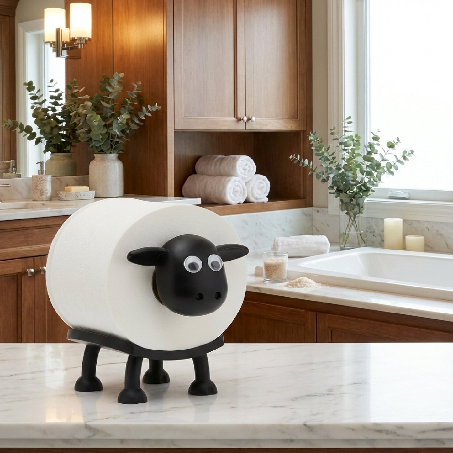 Cute Sheep Toilet Paper Holder Stand - Funny Animal Bathroom Decor - Novelty Free-Standing Loo Roll Organizer - Whimsical Farmhouse Gift for Kids, Guest Bath & Housewarming (Black, 1pc)