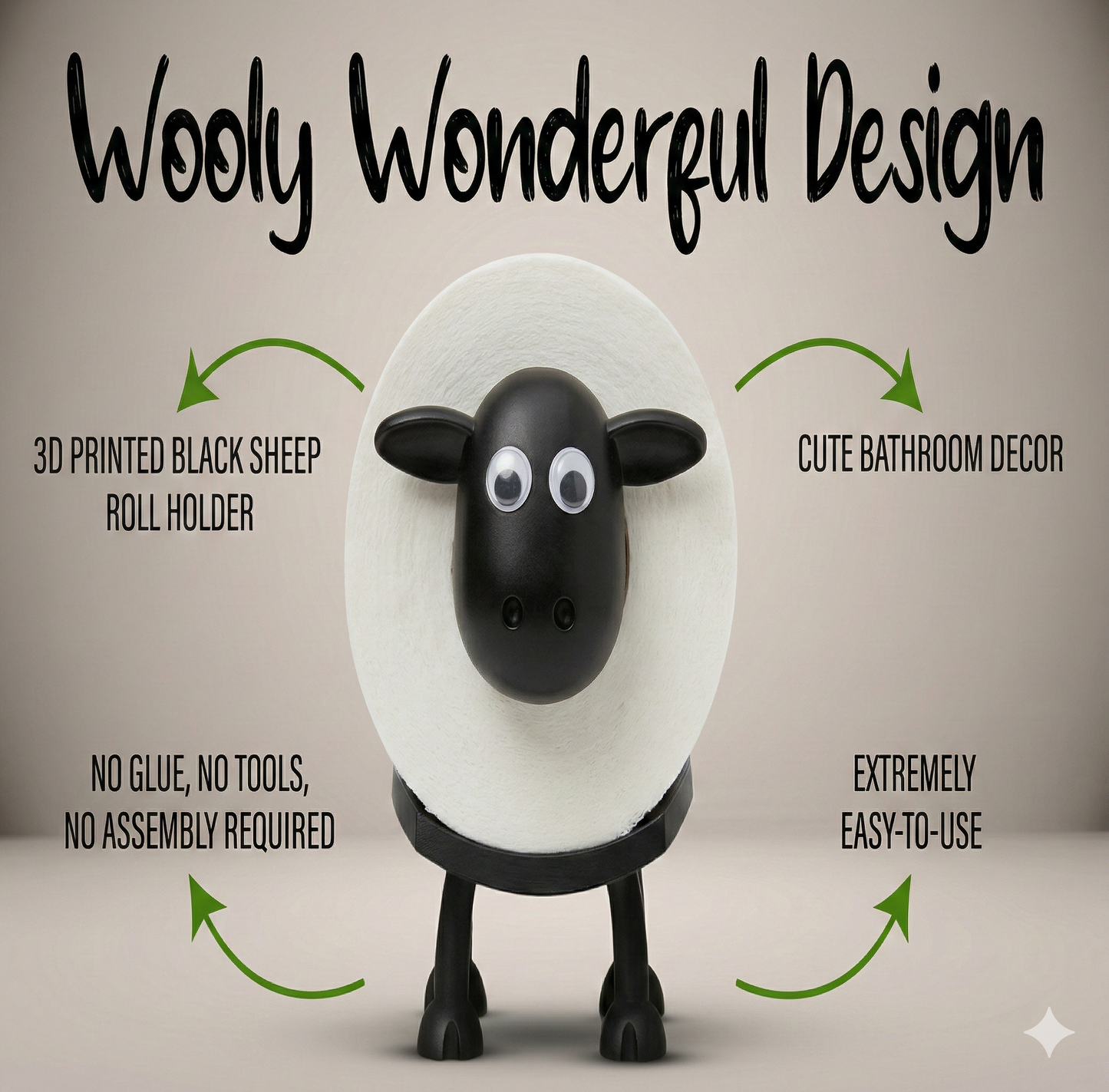 Cute Sheep Toilet Paper Holder Stand - Funny Animal Bathroom Decor - Novelty Free-Standing Loo Roll Organizer - Whimsical Farmhouse Gift for Kids, Guest Bath & Housewarming (Black, 1pc)