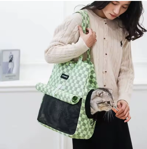 Pet Carrier Tote Bag, Checkered Pattern with Mesh Window, Shoulder Strap Travel Backpack for Small Cats and Dogs