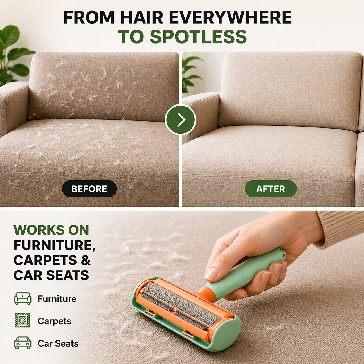 Reusable Pet Hair Remover Roller for Furniture – Dog & Cat Hair Remover, Self Cleaning, No Tape Needed