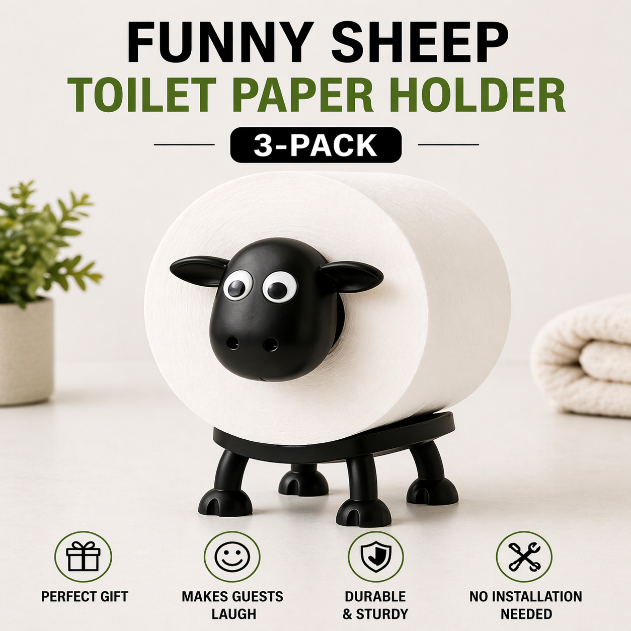 Funny Sheep Toilet Paper Holder (3-Pack) Cute Bathroom Decor & Unique Gift Idea