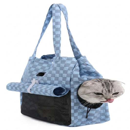 Pet Carrier Tote Bag, Checkered Pattern with Mesh Window, Shoulder Strap Travel Backpack for Small Cats and Dogs
